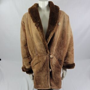 Spiegel tan brown Distressed Leather Faux Fur lined Jacket Sz S Button Jacket